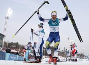 Sweden’s Charlotte Kalla takes the first gold medal of the games, winning the ladies’ cross-country skiing 7.5km + 7.5km skiathlon.