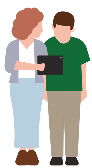 Illustration of mother showing son something on a tablet
