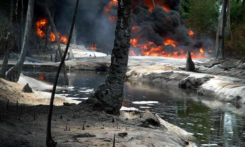 Oil from a leaking pipeline burns in Goi-Bodo, a swamp area of the Niger Delta