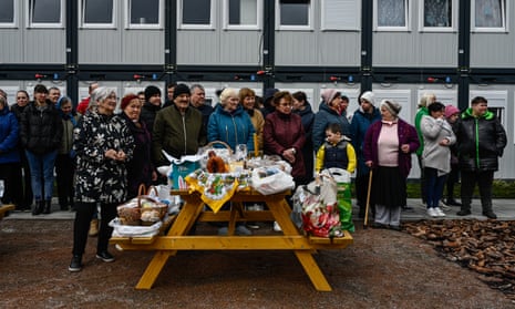 Internally displaced Ukrainians stand next to easter food baskets on 16 April 2023 in Lviv, Ukraine.