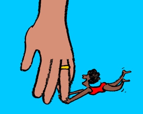 Illustration of a large hand with a yellow ring reaches toward a small figure in a red swimsuit diving through the air