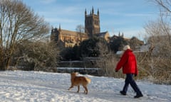 Winter weather Dec 12th 2017<br>A lady takes her dog for a walk along the banks of the River Seven in Worcester, as Britain had its coldest night of the year with vast swathes of the country falling below freezing - with -13C (8.6F) recorded in Shropshire. PRESS ASSOCIATION Photo. Picture date: Tuesday December 12, 2017. See PA story WEATHER Cold. Photo credit should read: David Davies/PA Wire