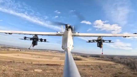 A Ukrainian Dovbush drone carrying and releasing two FPV drones during tests.
