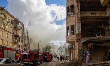 A destroyed residential building in Kharkiv