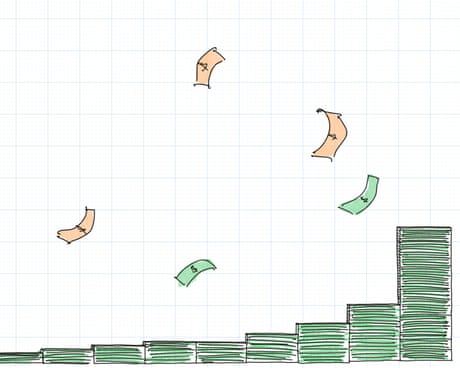 Illustration as money flies away from rising stacks of green bills arranged like a bar chart.