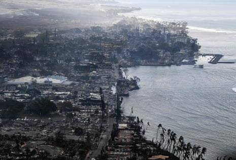 Destroyed homes and buildings burned to the ground around the harbor and Front Street in the historic town of Lahaina.