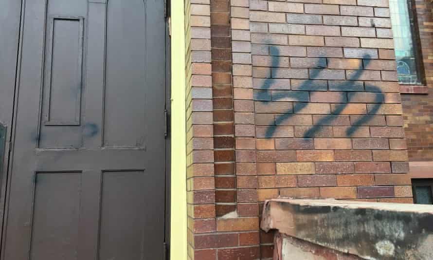 A synagogue in Hancock, Michigan, defaced with SS symbols.