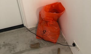 A chemical waste bag inside a Hong Kong government quarantine centre