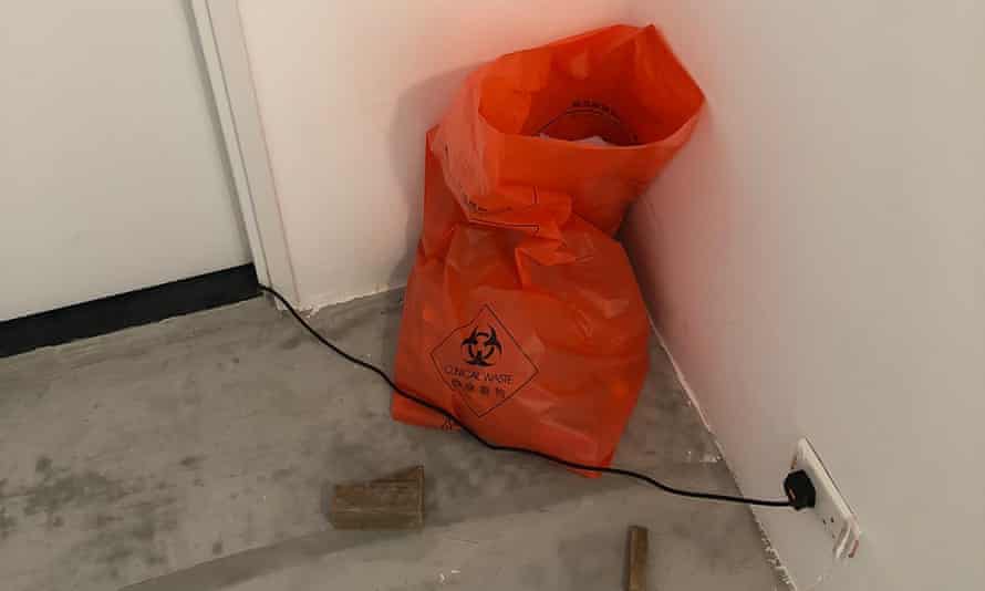 A chemical waste bag inside a Hong Kong government quarantine centre