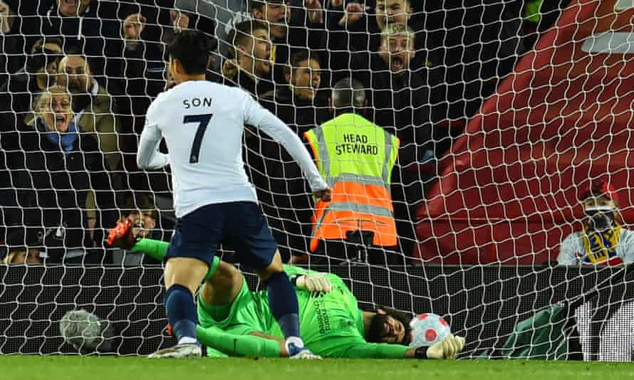Son Heung-min beats Alisson from close range to take his tally to nine goals in his last seven league games.