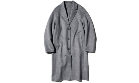 A grey single-breasted long wool coat on a white background