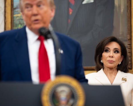 Donald Trump speaks at the White House as Jeanine Pirro looks on in May 2025.