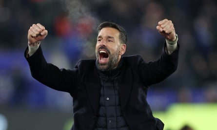Ruud van Nistelrooy celebrates after Bilal El Khannouss doubles Leicester’s lead.