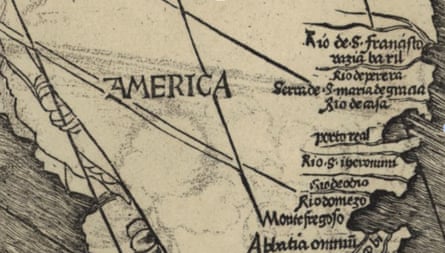 A closeup of a map that labels a piece of land ‘America’