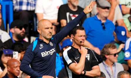 The Chelsea manager, Enzo Maresca, reacts during the defeat by Manchester City.