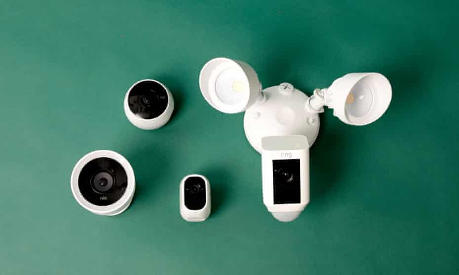 the logitech circle 2, ring floodlight cam, arlo pro 2 and nest cam iq cameras pictured together