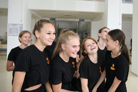 Members of the Fox cheerleading team in Kazakhstan at the ice hockey stadium in Ust-Kamenogorsk, where they train