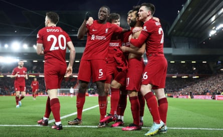 Mohamed Salah and teammates celebrate his scoring Liverpool’s sixth goal against Manchester United in March 2014