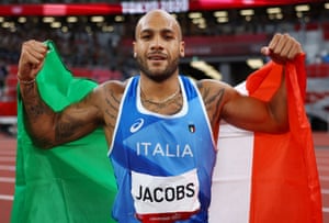 Lamont Marcell Jacobs of Italy celebrates his 100m victory.