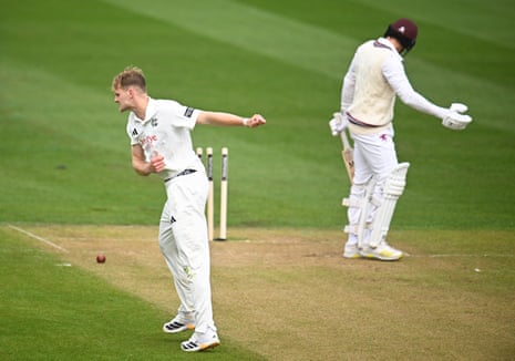 Dylan Pennington celebrates the wicket of Migael Pretorius.