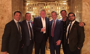Going up… Gerry Gunster, Arron Banks, Donald Trump, Nigel Farage, Andy Wigmore and Raheem Kassam at Trump Tower in New York, in November 2016, just before Trump’s election victory.