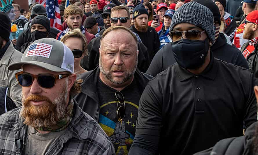 Alex Jones amid marchers in support of Trump in 2020.