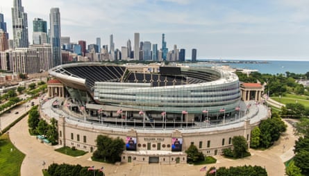 A drone shot of Soldier Field