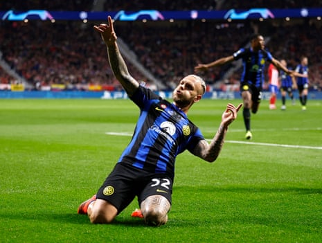 Inter’s Federico Dimarco celebrates after opening the scoring in their Champions League last 16 game at Atletico Madrid.
