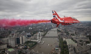London, England The Red Arrows fly over central London as they take part in the Royal Air Force flypast to mark the centenary of the RAF
