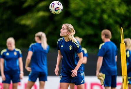 Sweden’s Hanna Lundkvist practises her headers during training