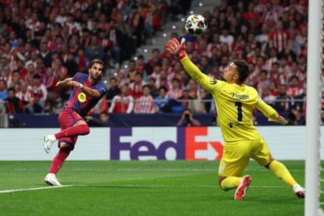Ferran Torres (left) rifles the ball past Atletico Madrid’s keeper Juan Musso.