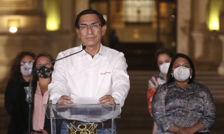 Martín Vizcarra speaks in front of the presidential palace after lawmakers voted to remove him from office, in Lima in 2020.