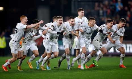 Shakhtar Donetsk’s players celebrate their win after the UEFA Europa League play-off, second leg soccer match between Rennes FC and Shakhtar Donetsk at the Roazhon Park Stadium in Rennes, France, 23 February 2023.