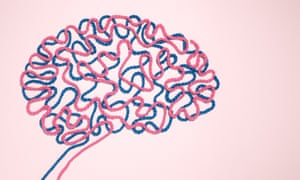 Pink and blue string intermingled in the shape of a brain