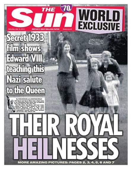 The Sun front page showing a still of footage showing a young Queen performing a Nazi salute with her family at Balmoral.