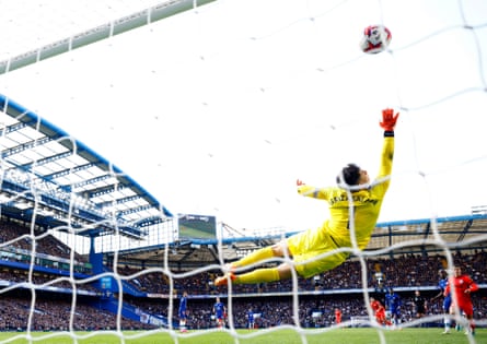 Julio Enciso strikes Brighton’s winner past the Chelsea goalkeeper Kepa Arrizabalaga at Stamford Bridge in April.