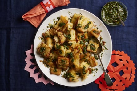 Yotam Ottolenghi’s roasted cassava with roasted garlic and coriander salsa.