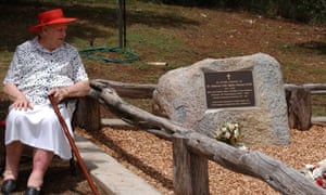 Lady Bjelke-Petersen at the grave of Sir Joh Bjelke-Petersen on the family property Bethany at Kingaroy, northwest of Brisbane, in February 2006.