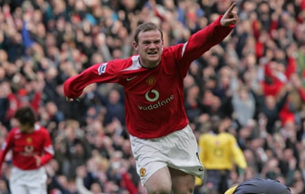 Wayne Rooney celebrates scoring during a Premier League match between Manchester United and Arsenal at Old Trafford during the 2005-06 season