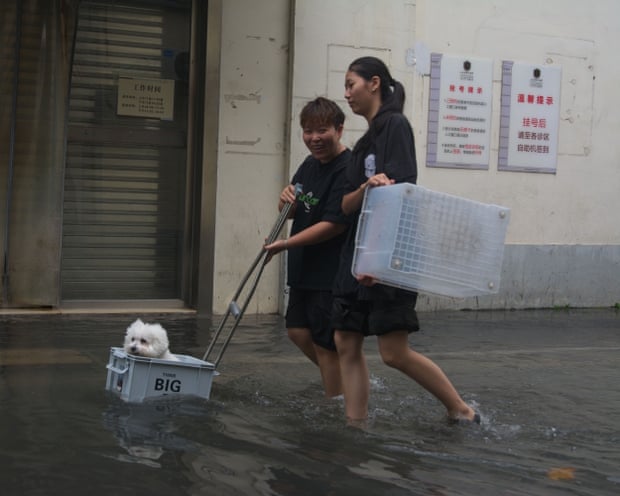 A girl walks through floodwater with her dog in a box