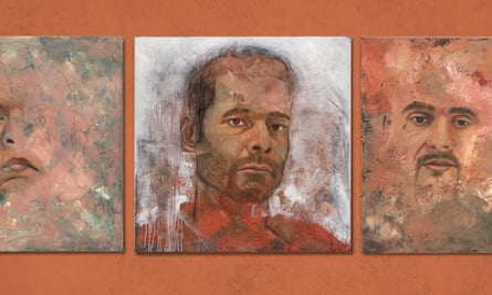 Composite of three portraits by César Aréchiga of his prisoner students in Puente Grande prison in Mexico.