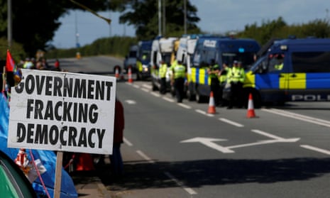 A placard reading ‘Government fracking democracy’ outside Cuadrilla’s Preston New Road site