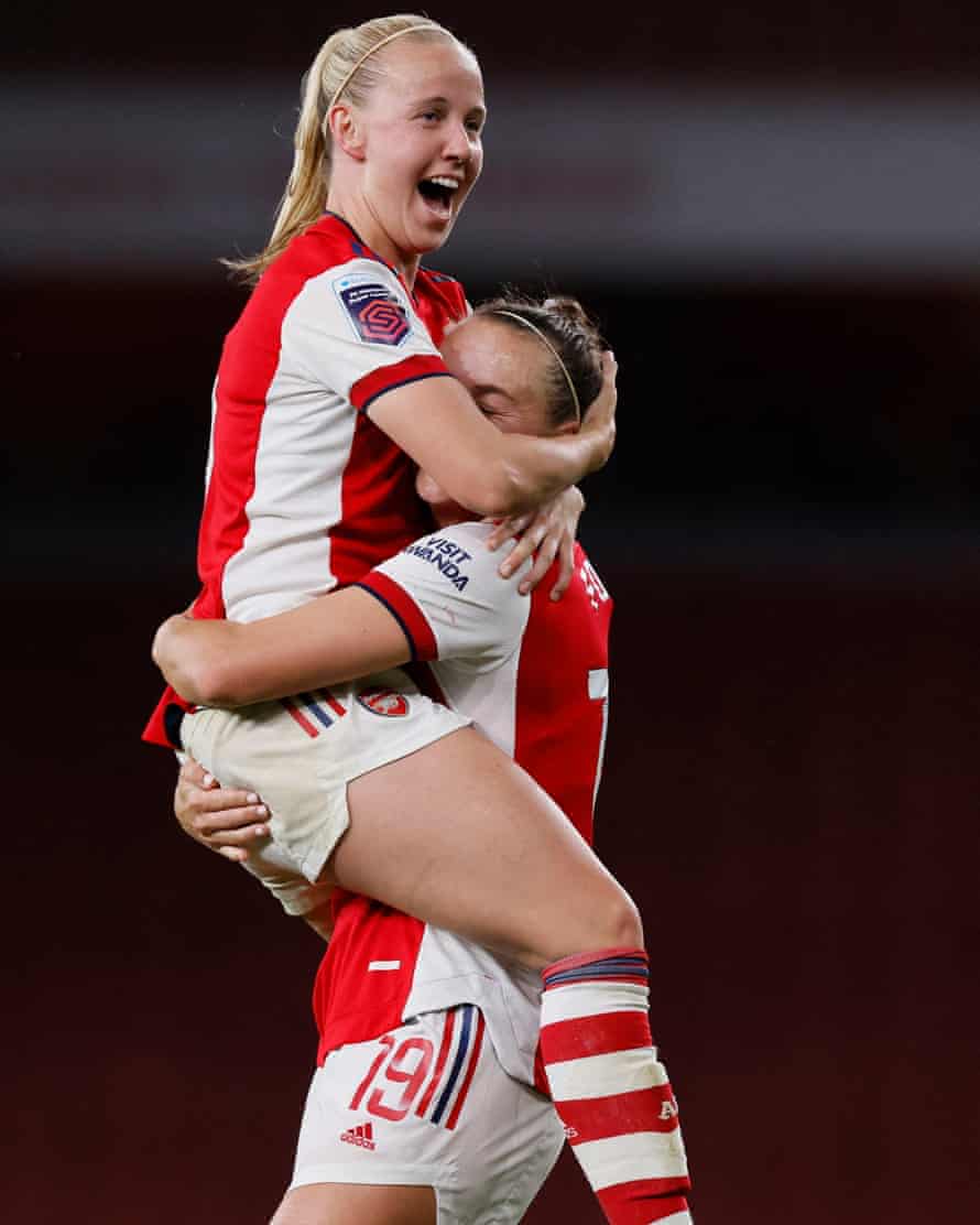 Arsenal's Caitlin Foord celebrates scoring their third goal with Beth Mead.