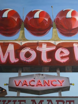 The neon sign paintings of  artist Terry Thompson in homage to Ed Ruscha and Edward Hopper.