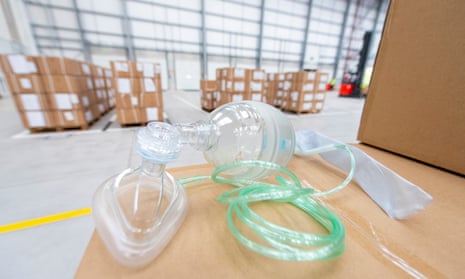 A bag valve mask along with 300 ventilators sourced from China at MoD Donnington.