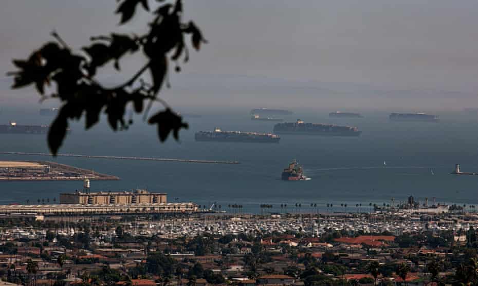 The Port of Los Angeles in California is backed up with a growing number of incoming cargo ships waiting offshore.