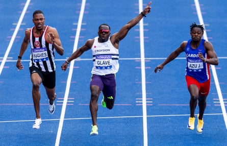 Romell Glave celebrates his 100m victory