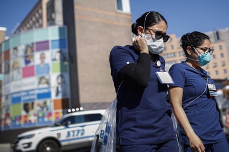 Nurses leave Elmhurst hospital in New York on 27 March. 