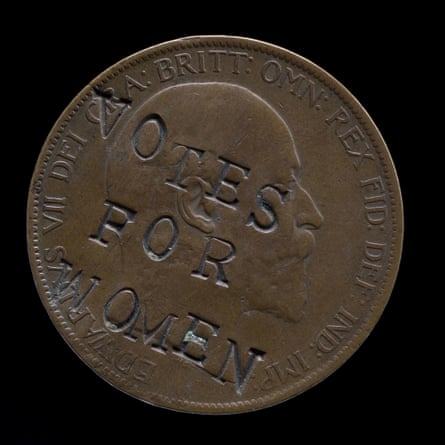 An Edwardian coin defaced by a suffragette with the ‘votes for women’ slogan.