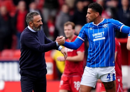 Rangers manager Derek McInnes congratulates Ben Godfrey
